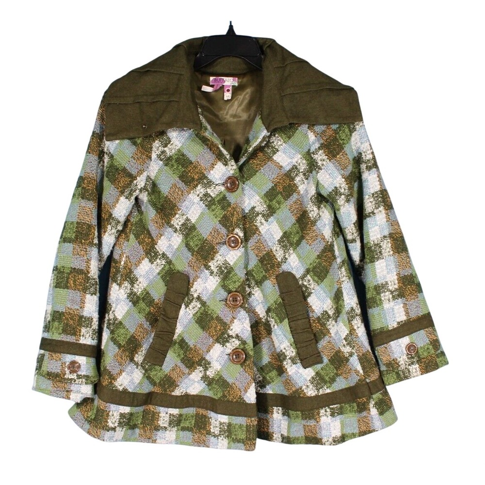 BUFFALO DAVID BITTON Retro TWEED PLAID Button-Up PLEATED TRIM Swing Jacket S